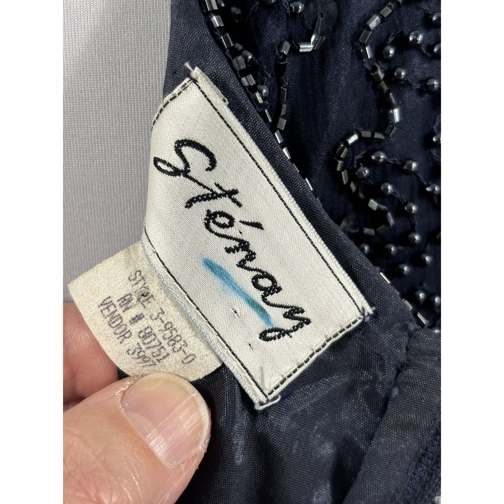 Vintage Stenay Dress Womens Medium Navy Blue Beaded Sleeveless V Neck Cocktail - Picture 7 of 9